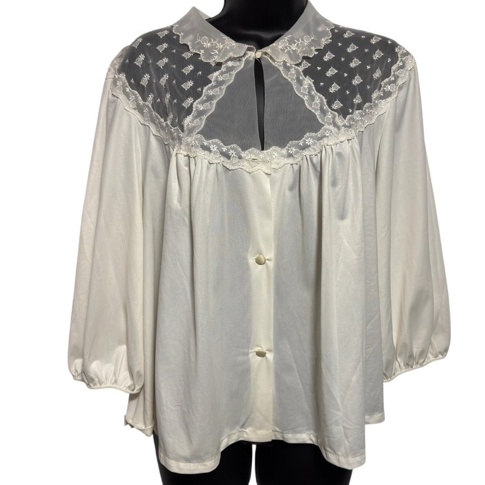 VTG Sears Charmode Ivory Bed Jacket LG fairycore dainty lace covered buttons